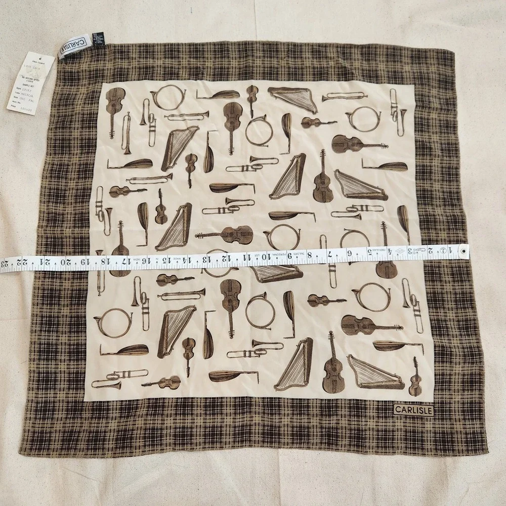 New Carlisle Silk Scarf Musical Instruments Print Plaid Brown Italy Vintage Nwt